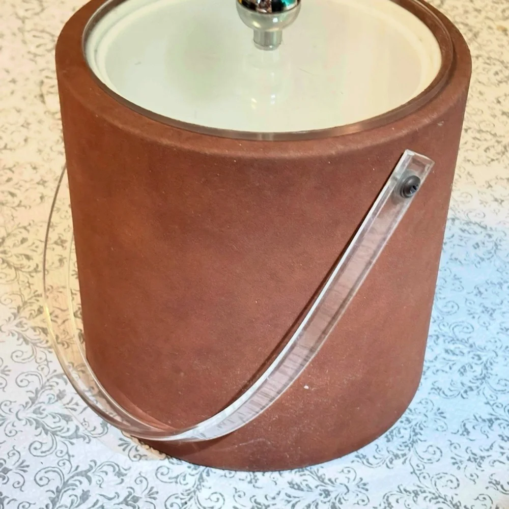 Vintage MCM Lucite Handle George Briard Brown Suede Ice Bucket Barware Home